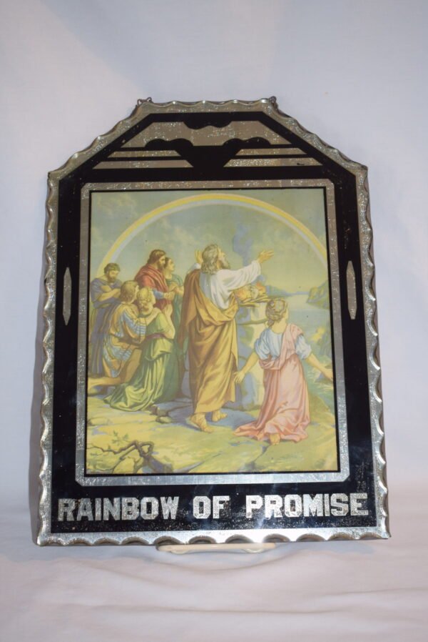 VTG Rainbow of Promise Reverse Foil Painting on Glass on Tin Religious Wall Art