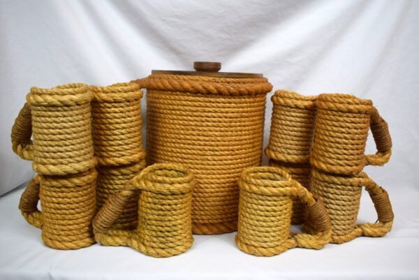 Vintage Rattan Ice Bucket with Lid and 11 Cup Holders Set