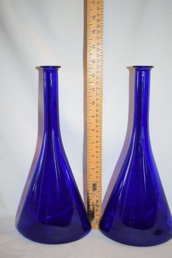 Pair Decorative Cobalt Blue 13 inch Glass Bottle Vases - Image 2