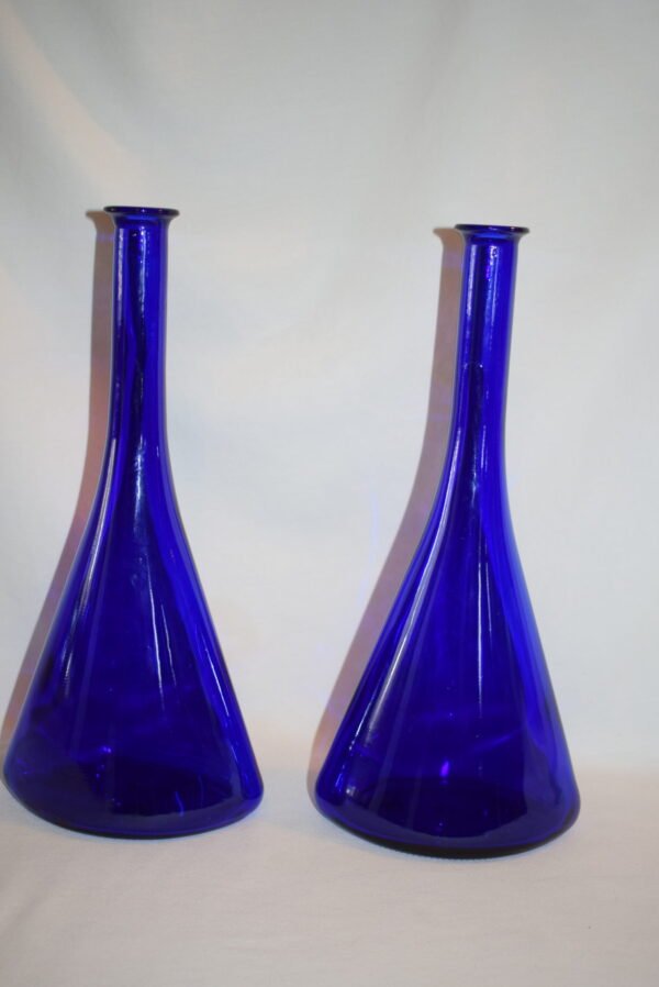 Pair Decorative Cobalt Blue 13 inch Glass Bottle Vases - Image 3