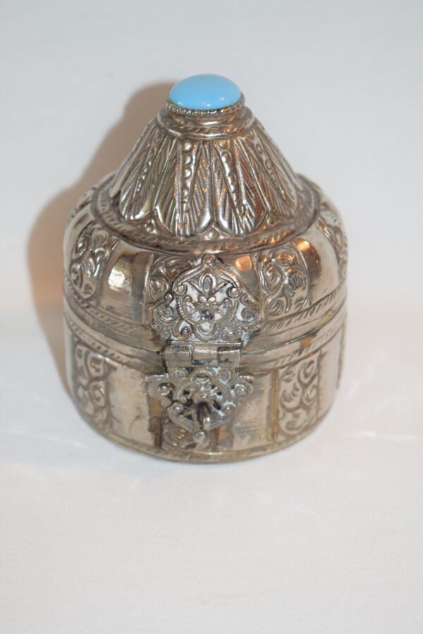Vintage Ornate Hinged Silvertone Blue Stone Round Trinket Box