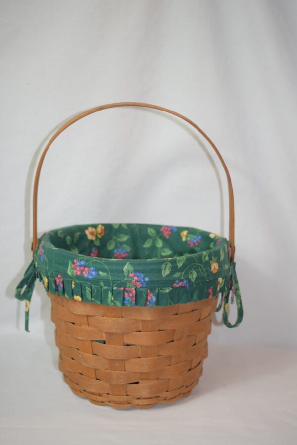 Vintage 1993 Gerald Hinn 7 inch Wood Apple Basket with Green Floral Liner EUC - Image 3