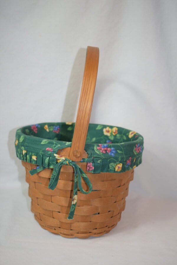 Vintage 1993 Gerald Hinn 7 inch Wood Apple Basket with Green Floral Liner EUC - Image 4