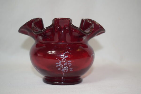 Vintage Fenton Ruby Red Hand Painted 3 inch Ruffle Vase Signed Marilyn - Image 2