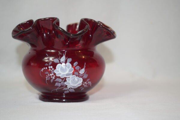 Vintage Fenton Ruby Red Hand Painted 3 inch Ruffle Vase Signed Marilyn - Image 3