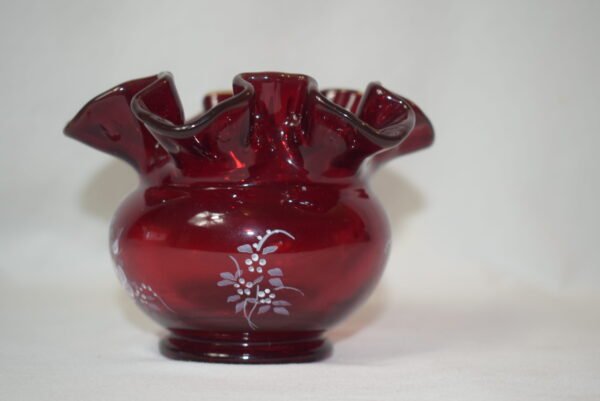 Vintage Fenton Ruby Red Hand Painted 3 inch Ruffle Vase Signed Marilyn - Image 4