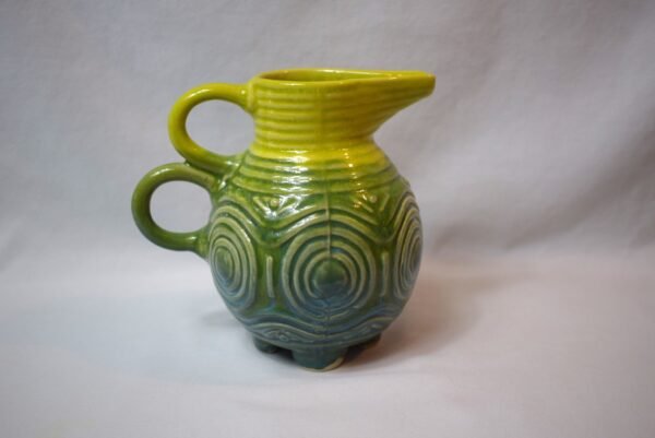 Vintage Double Handle Pottery Pitcher with Raised Geometric Design