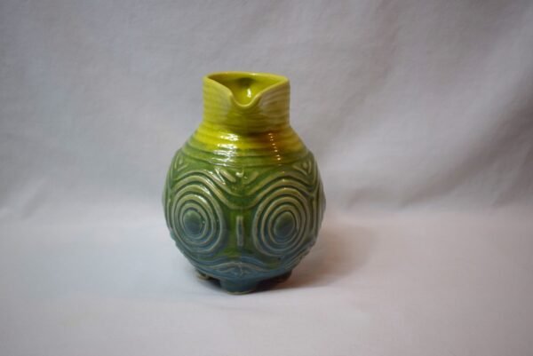 Vintage Double Handle Pottery Pitcher with Raised Geometric Design - Image 2