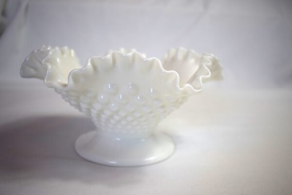 Vintage Fenton White Milk Glass Hobnail Double Ruffle Pedestal Bowl