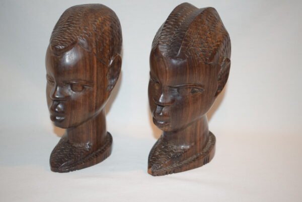 Pair Wood African Tribal Heads Busts Heavy Hard Wood - Image 2