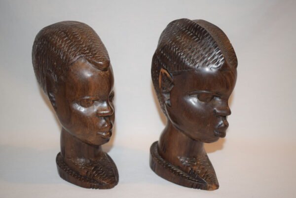 Pair Wood African Tribal Heads Busts Heavy Hard Wood