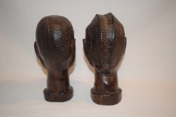 Pair Wood African Tribal Heads Busts Heavy Hard Wood - Image 5