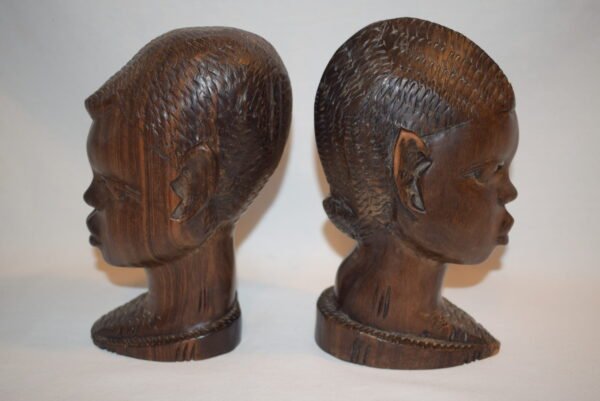 Pair Wood African Tribal Heads Busts Heavy Hard Wood - Image 3
