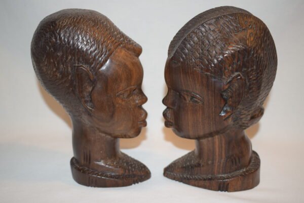 Pair Wood African Tribal Heads Busts Heavy Hard Wood - Image 4
