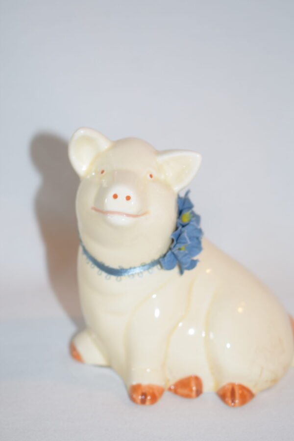 Vintage 1987 Lefton Pig Sow Farm Figurine with Blue Bow