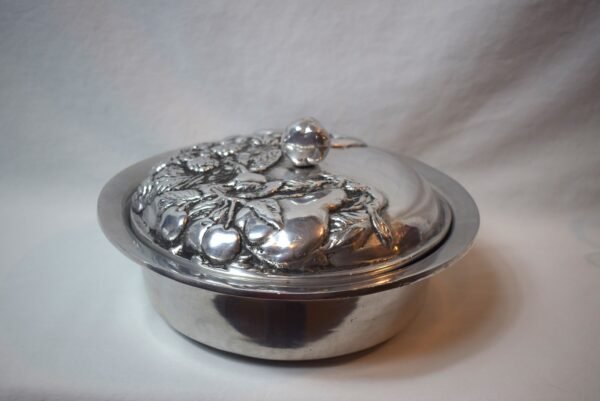 Vintage Round Stainless Steel Covered Dish With Pear Finial Fruit Embossed Lid - Image 2