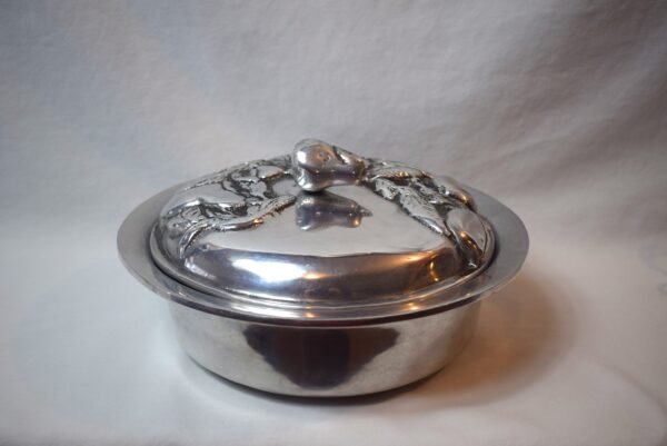 Vintage Round Stainless Steel Covered Dish With Pear Finial Fruit Embossed Lid - Image 3