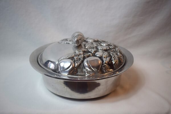 Vintage Round Stainless Steel Covered Dish With Pear Finial Fruit Embossed Lid - Image 4