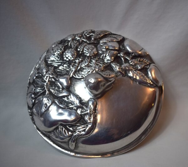 Vintage Round Stainless Steel Covered Dish With Pear Finial Fruit Embossed Lid - Image 7