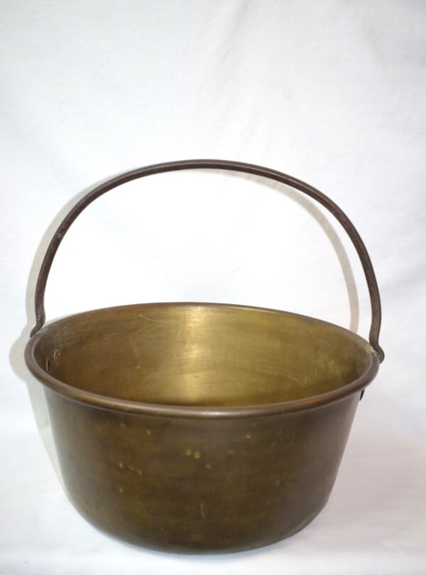 Large Unmarked Rustic Brass Pot Bucket Basket With Iron Handle