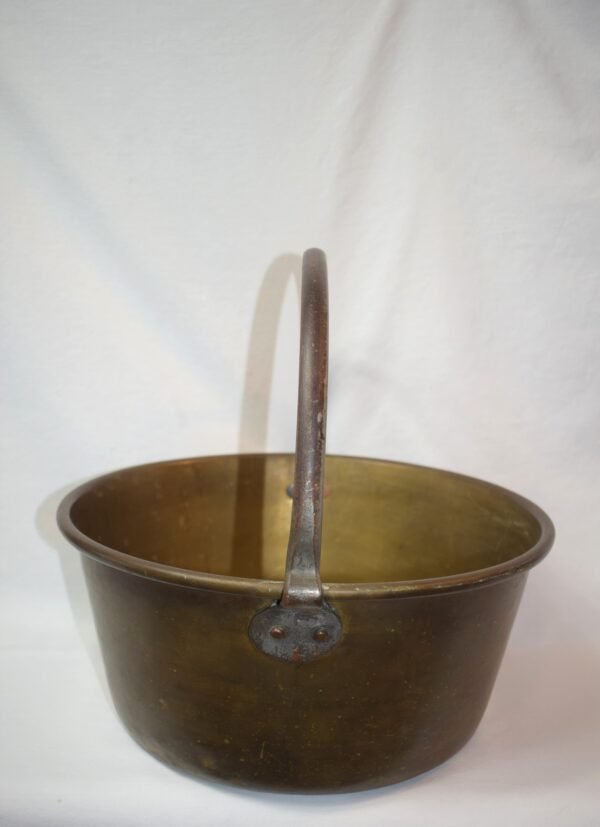 Large Unmarked Rustic Brass Pot Bucket Basket With Iron Handle - Image 2