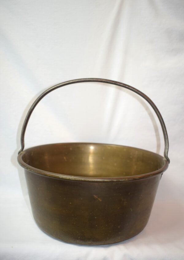 Large Unmarked Rustic Brass Pot Bucket Basket With Iron Handle - Image 3