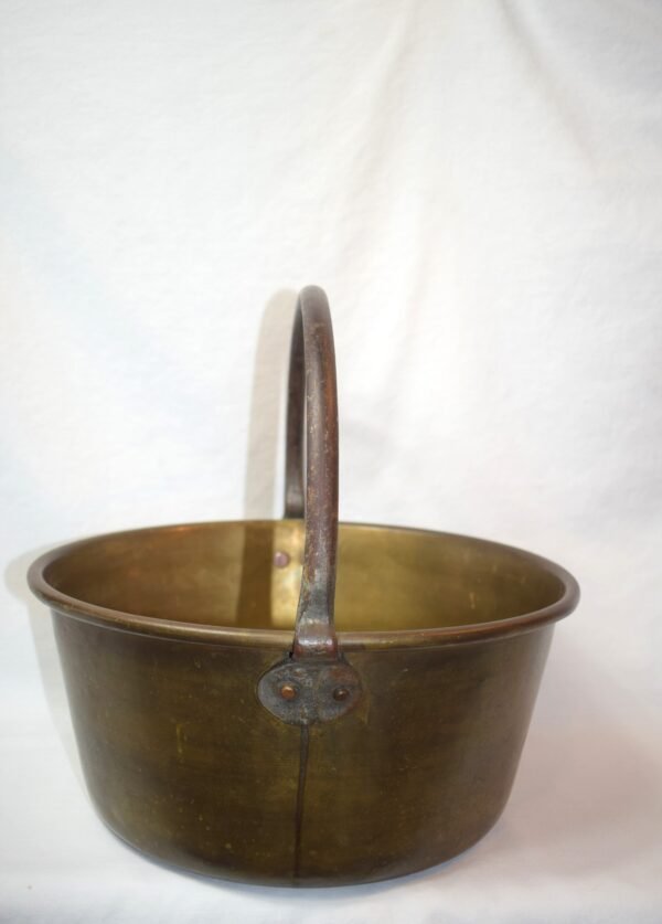 Large Unmarked Rustic Brass Pot Bucket Basket With Iron Handle - Image 4