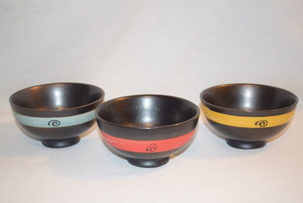 Set 0f 3 Small Black Pottery Bowls with Swirls and Stripes Red Blue Yellow