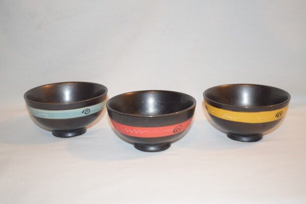 Set 0f 3 Small Black Pottery Bowls with Swirls and Stripes Red Blue Yellow - Image 2