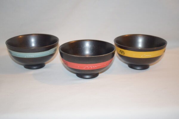 Set 0f 3 Small Black Pottery Bowls with Swirls and Stripes Red Blue Yellow - Image 3