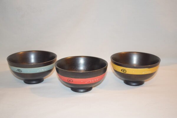 Set 0f 3 Small Black Pottery Bowls with Swirls and Stripes Red Blue Yellow - Image 4