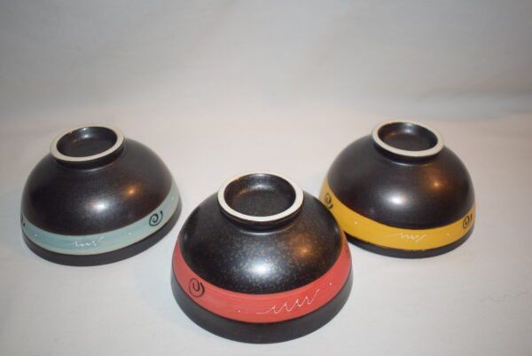 Set 0f 3 Small Black Pottery Bowls with Swirls and Stripes Red Blue Yellow - Image 5