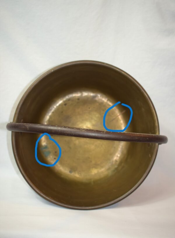 Large Unmarked Rustic Brass Pot Bucket Basket With Iron Handle - Image 7