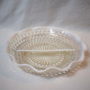 Vintage Fenton Clear Glass and Opalescence Hobnail Moonstone Divided Dish