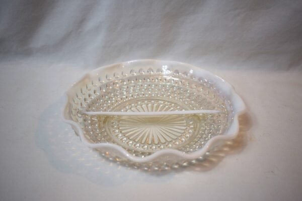 Vintage Fenton Clear Glass and Opalescence Hobnail Moonstone Divided Dish