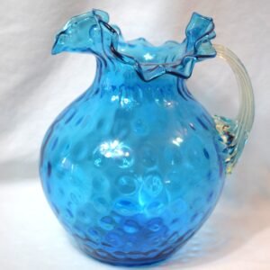 VTG FENTON Blue Thumbprint And Ruffles Pitcher Clear Glass Handle Hand Blown WOW