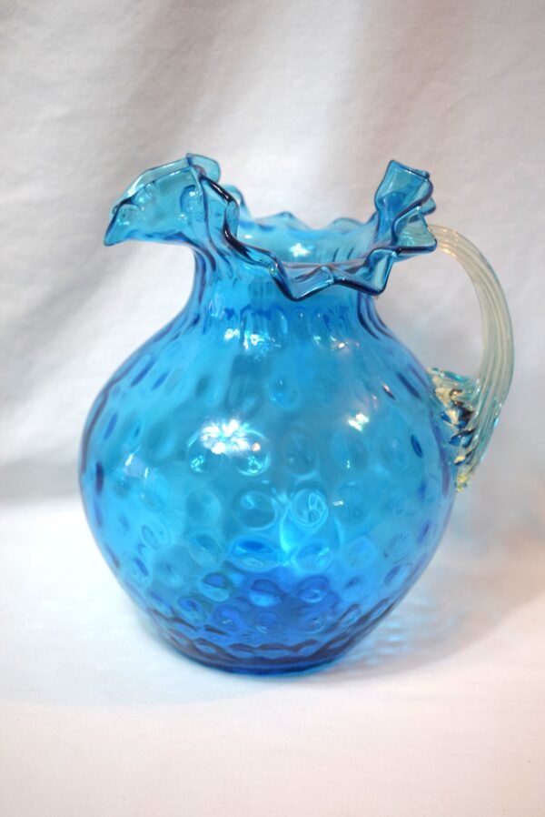VTG FENTON Blue Thumbprint And Ruffles Pitcher Clear Glass Handle Hand Blown WOW