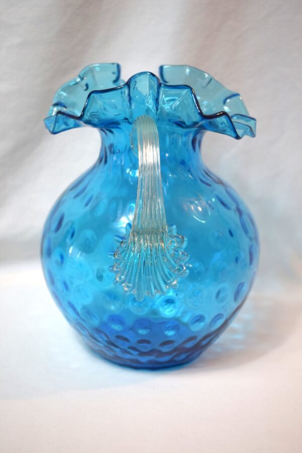 VTG FENTON Blue Thumbprint And Ruffles Pitcher Clear Glass Handle Hand Blown WOW - Image 2