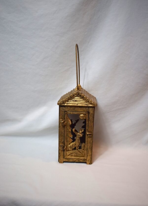 Vintage Hanging Cast Iron House Cabin with Deer Scene Candleholder