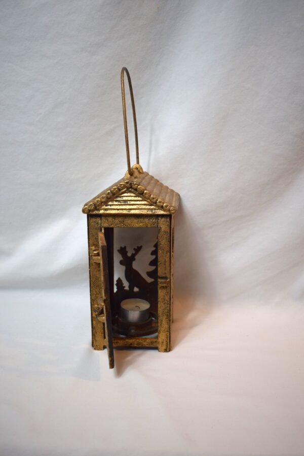 Vintage Hanging Cast Iron House Cabin with Deer Scene Candleholder - Image 2