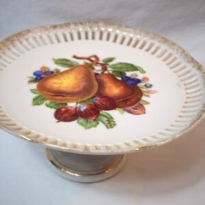 Vintage Porcelain Reticulated Pedestal  Cake Plate with Fruit Decoration