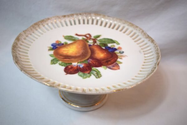 Vintage Porcelain Reticulated Pedestal  Cake Plate with Fruit Decoration