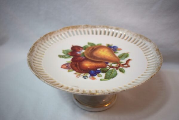 Vintage Porcelain Reticulated Pedestal  Cake Plate with Fruit Decoration - Image 3