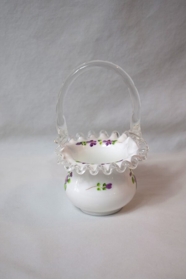 Vintage Fenton Silver Crest Milk Glass Basket Hand Painted  Violets In The Snow