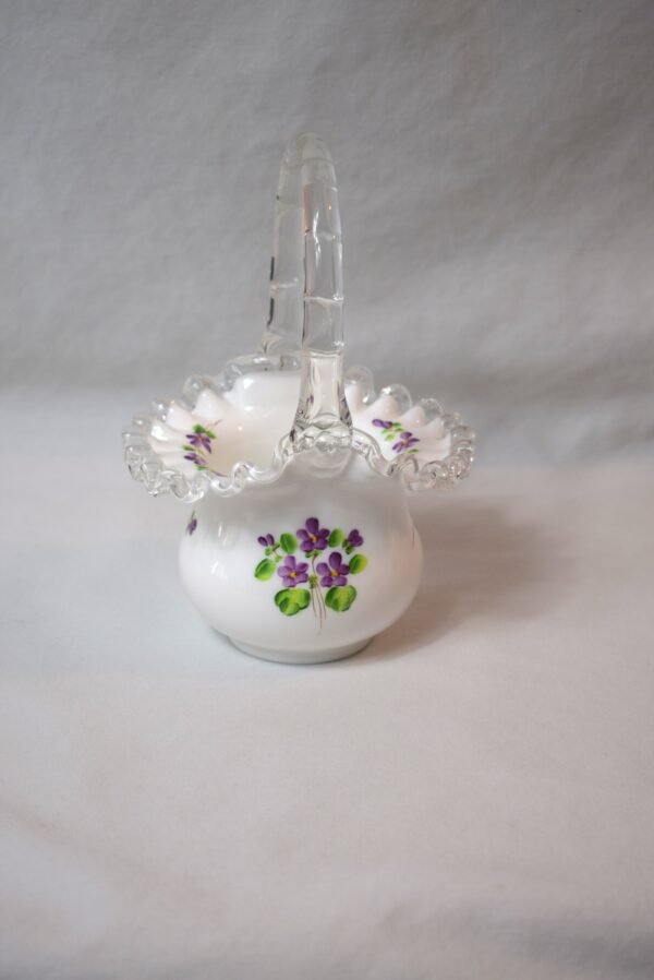 Vintage Fenton Silver Crest Milk Glass Basket Hand Painted  Violets In The Snow - Image 2
