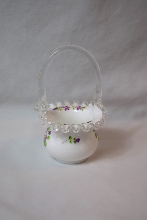 Vintage Fenton Silver Crest Milk Glass Basket Hand Painted  Violets In The Snow - Image 3