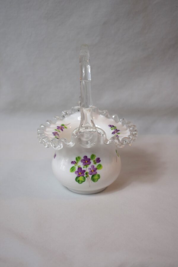Vintage Fenton Silver Crest Milk Glass Basket Hand Painted  Violets In The Snow - Image 4