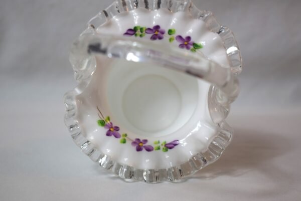 Vintage Fenton Silver Crest Milk Glass Basket Hand Painted  Violets In The Snow - Image 7