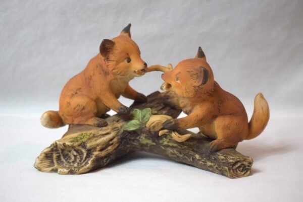 1981 Home Interiors Homco 2 Fox Cubs Playing on Log