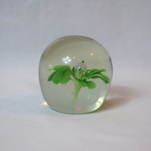 Vintage Hand Blown Art Glass Paperweight Green Flower with Controlled Bubble